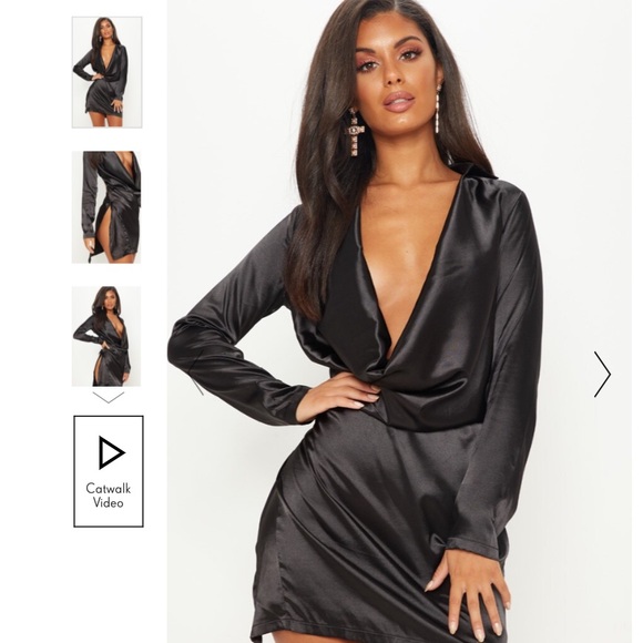 BLACK SATIN COWL NECK EXTREME OPEN BACK DRESS - Picture 2 of 5